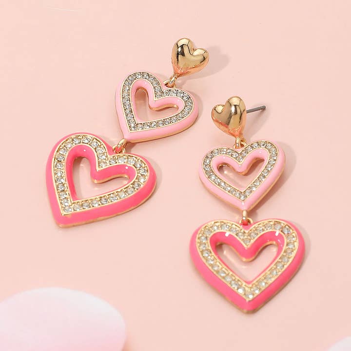 Sensibling Corp. - Wholesale Dangle Earrings - Rhinestone Paved Enamel Open Double Heart Link Drop Earrings