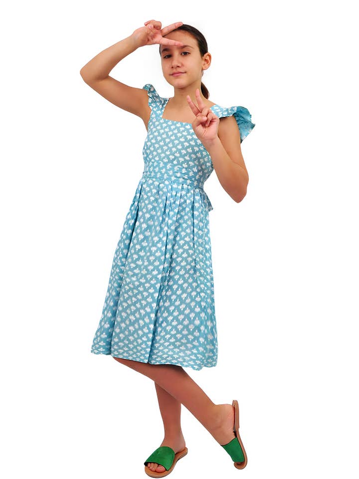 Girls open back handmade floral print dress for wholesale by Kalimera Clothing Athens