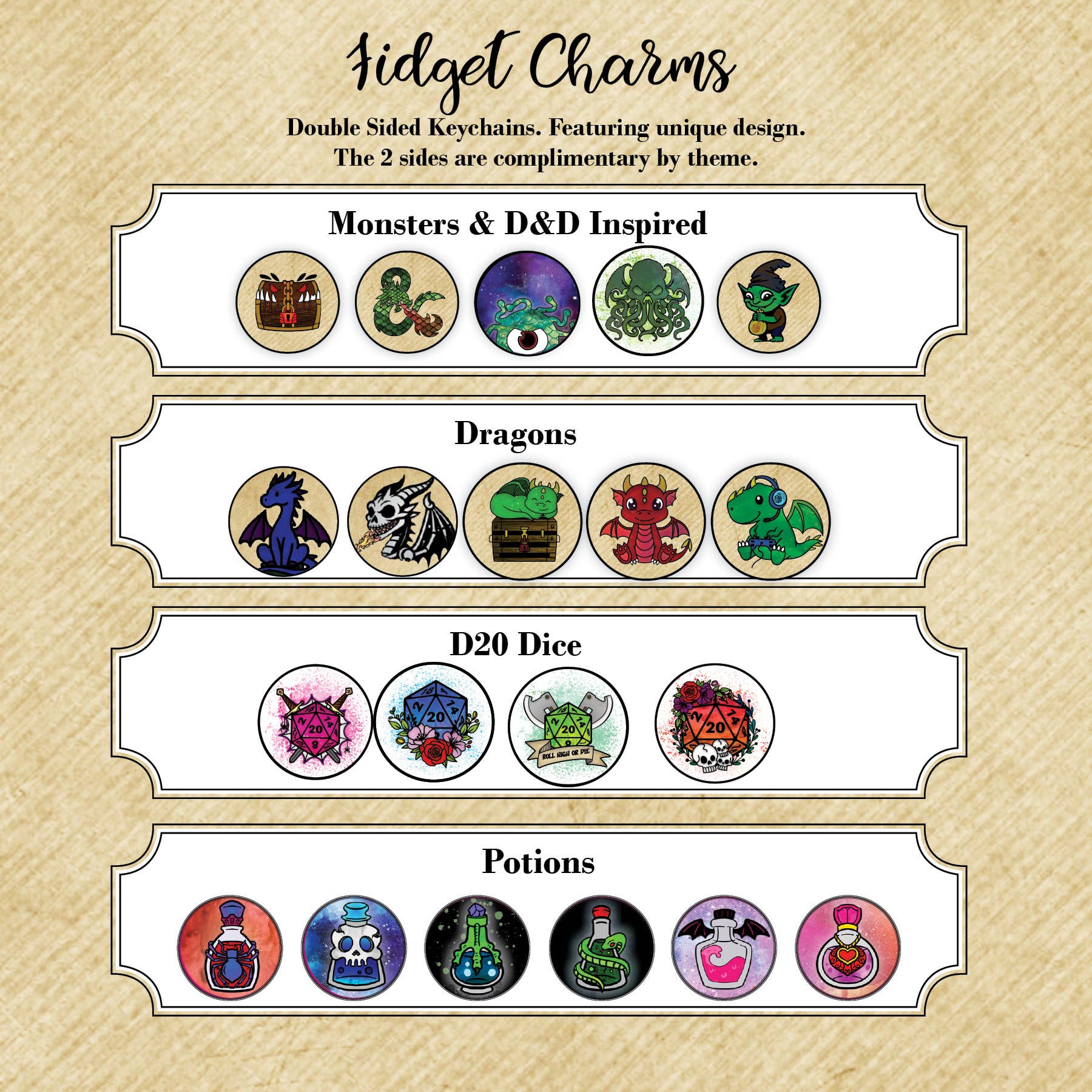 Con-Quest Crafts - Wholesale Sleutelhanger - Uniseks - Dungeons & Dragons Fidget Charms dubbelzijdige sleutelhanger1