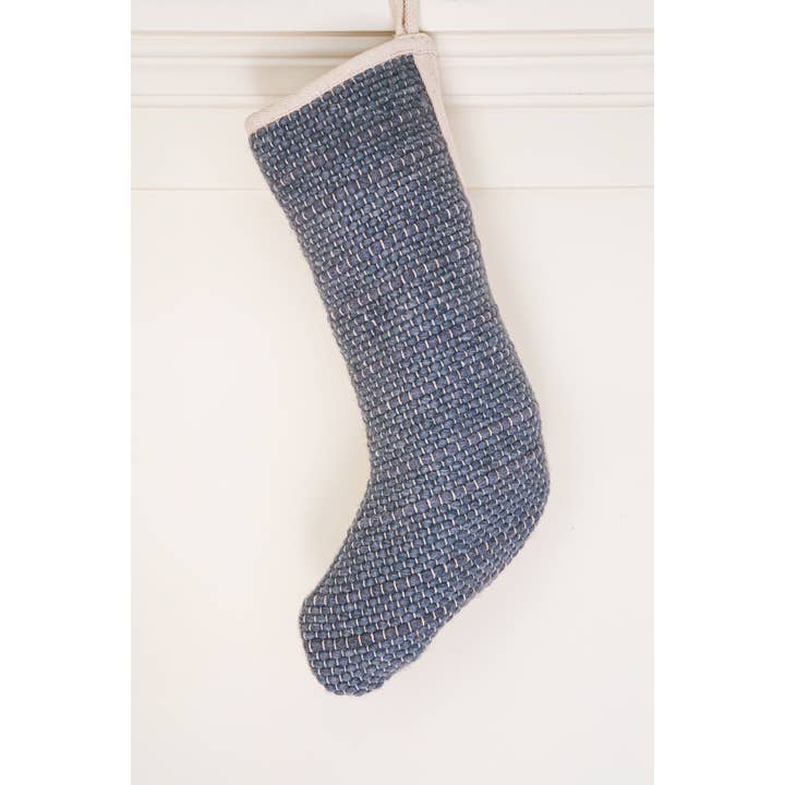 NOEL by Alma Home – wholesale Holiday Stocking – Woven Wool Boho Christmas Stockings in Blue Grey