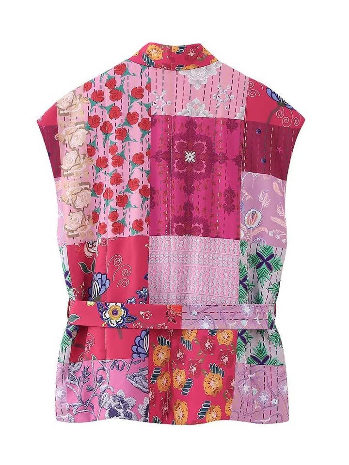 RoseRed Floral Printed Panelled Lace-Up Quilted Vest for wholesale on Faire