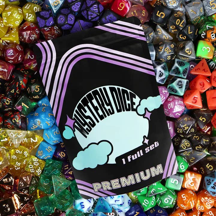 Premium Mystery Dice - 7 Polyhedral Dice, D&D Pin & Sticker for wholesale by 1985 Games