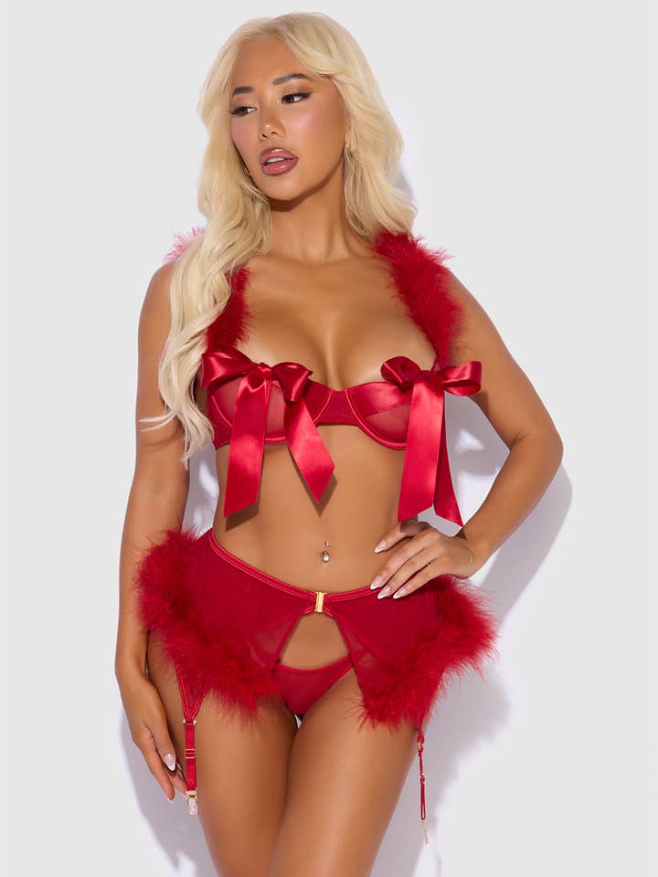 CRIMSON RED MARILYN FEATHER & MESH OPENABLE BRA, GARTER & G-STRING SET for wholesale on Faire