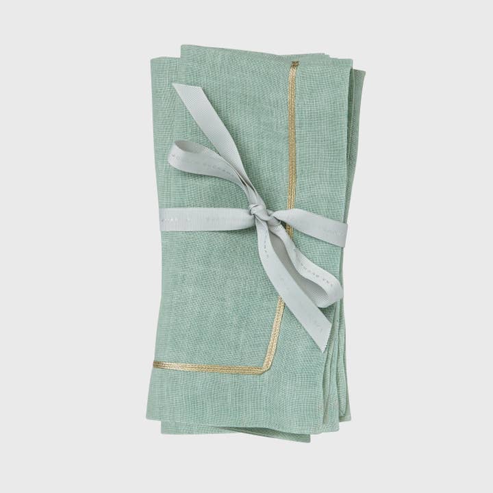 Gold trim dinner napkins, sea foam, set of two for wholesale by Joanna Buchanan