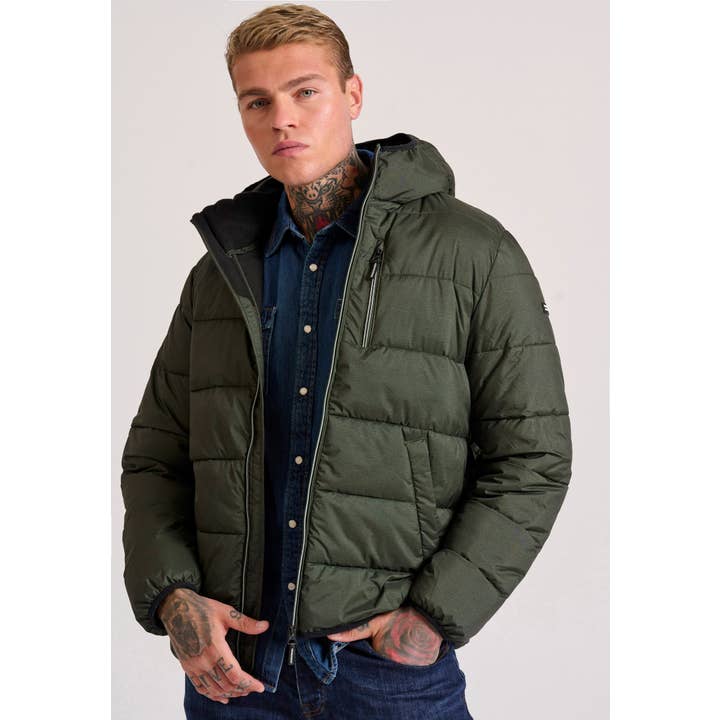 Men's hooded puffer jacket for wholesale by Funky Buddha