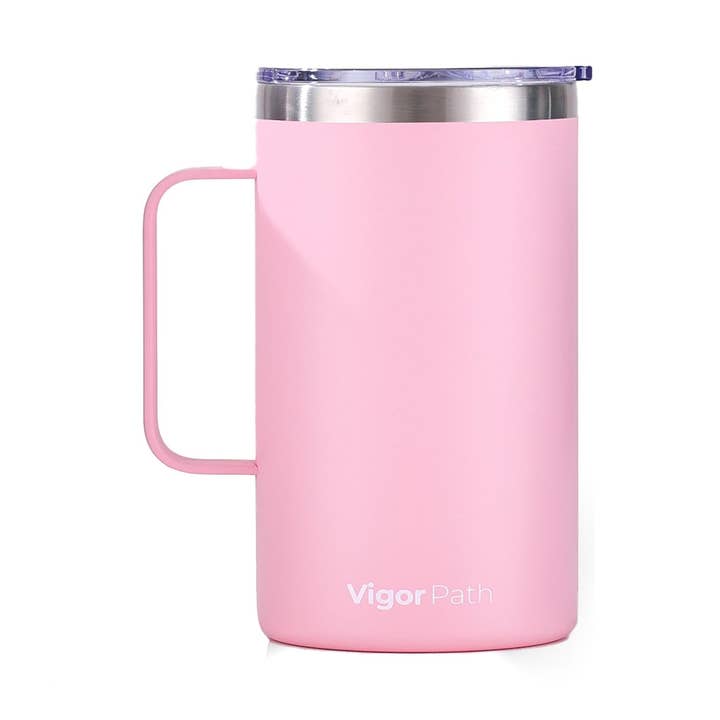 Tazza da caffè isolata con manico e coperchio scorrevole (rosa) per la vendita all'ingrosso da parte di Vigor Path