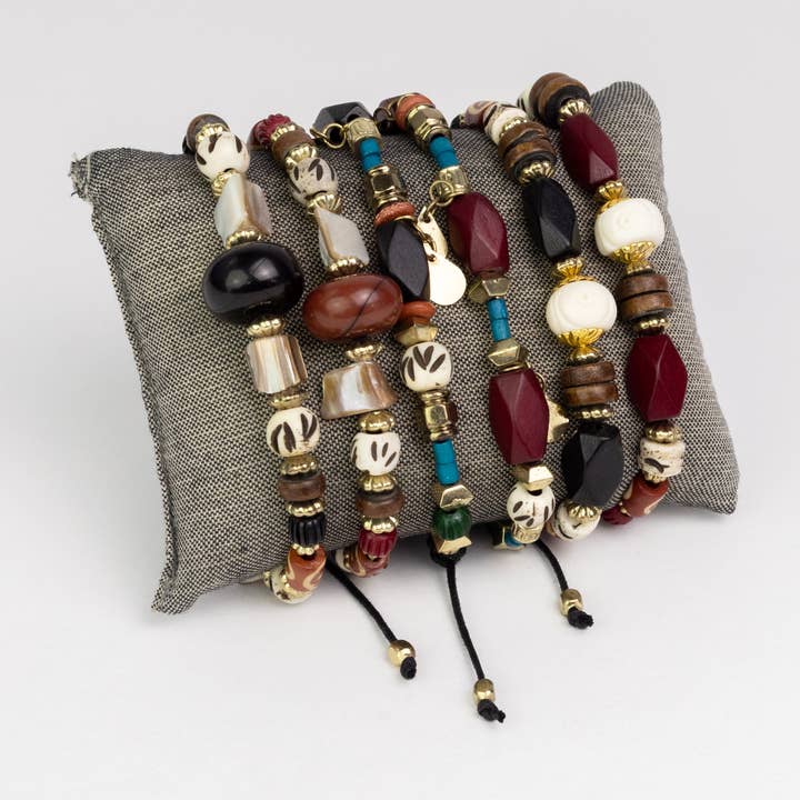 Wood & Stone Pull Bracelet 18pk-Assorted for wholesale by Pink House Imports