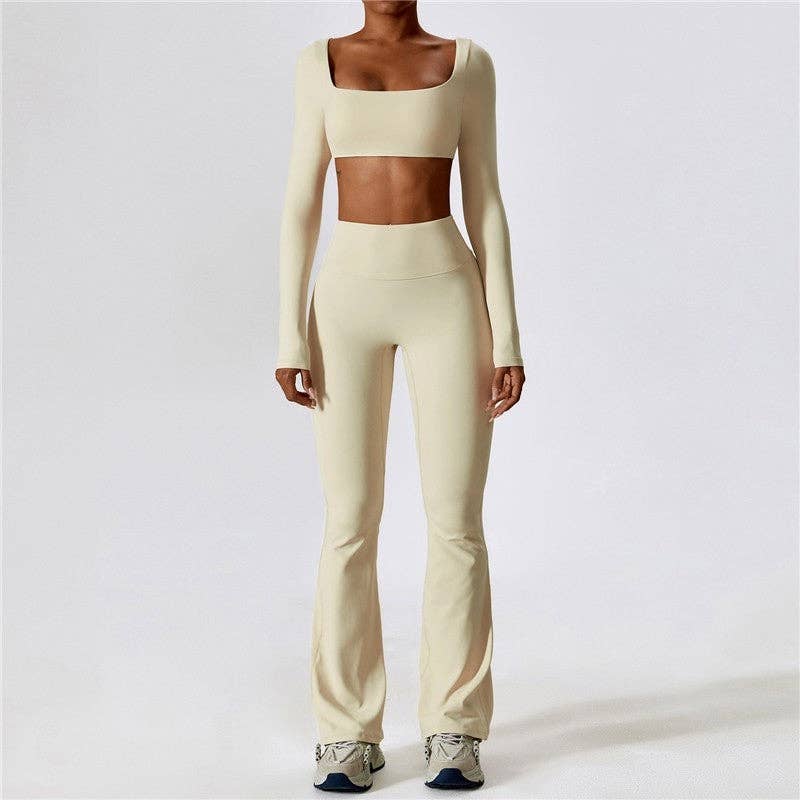 FurDecoration - Wholesale Activewear Set - Women's - Solid Color Square Neck Long Sleeve Cropped Top and Skinny Pants Set6