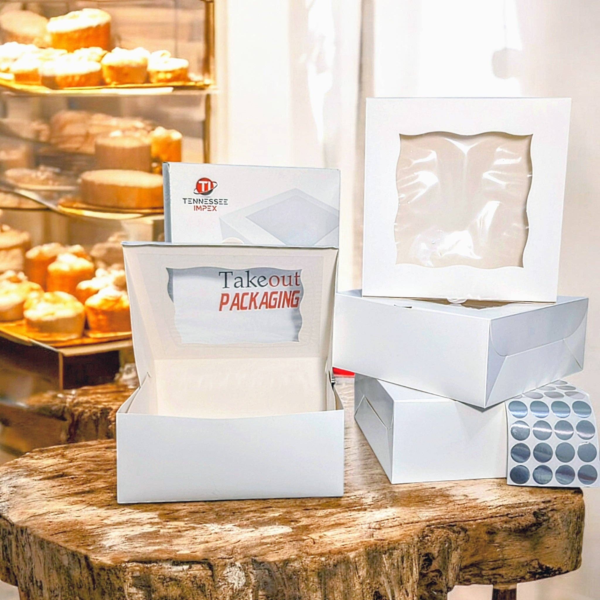 Tennessee IMPEX - Wholesale Cake Stand - 25-Pack Premium Cake Boxes with Clear Window | Durable Bleach Board Take-Out Packaging for Cakes, Cupcakes, Pies, Donuts & Treats – Large (12x12x5"), Medium (10x10x4"), Small (8.5x8.5x3") Sizes5