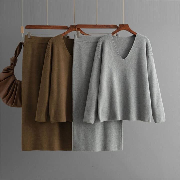 Loose Fit V-Neck Knitted Sweater And Skirt Set for wholesale by UZ Wholesale Store