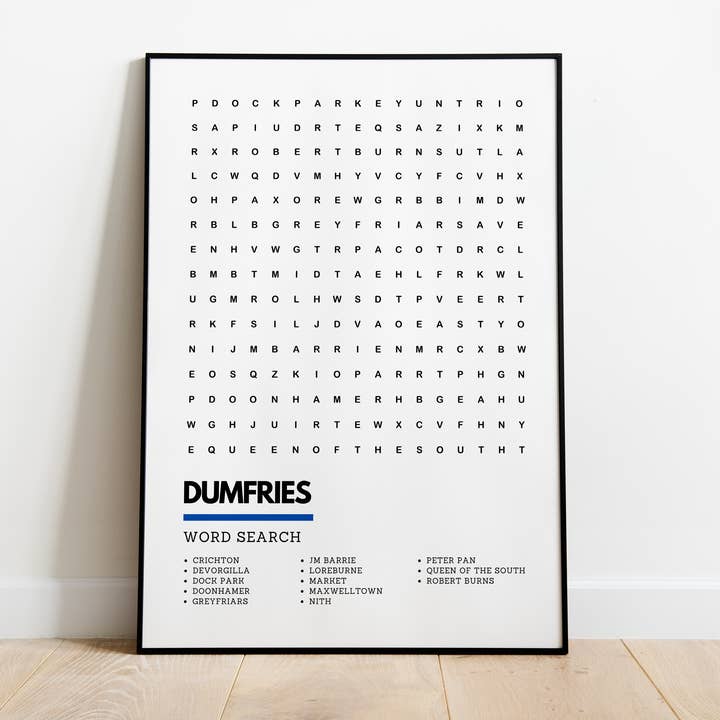 Dumfries Scotland Wordsearch Art Print for wholesale by Underdog Studio