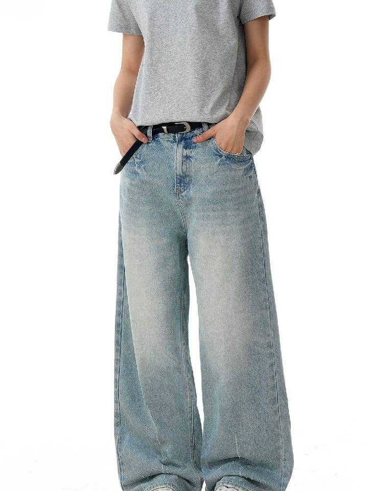 Blue Washed Textured Straight Jeans for wholesale on Faire