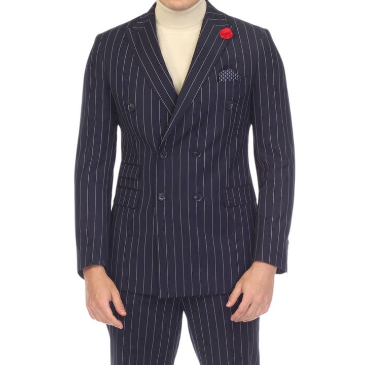 Bellagio Navy White Mens 6 Button Slim Peak Lapel Suit With Double Breasted Suit Pick Stitching Ticket Pocket. for wholesale by Ferrecci