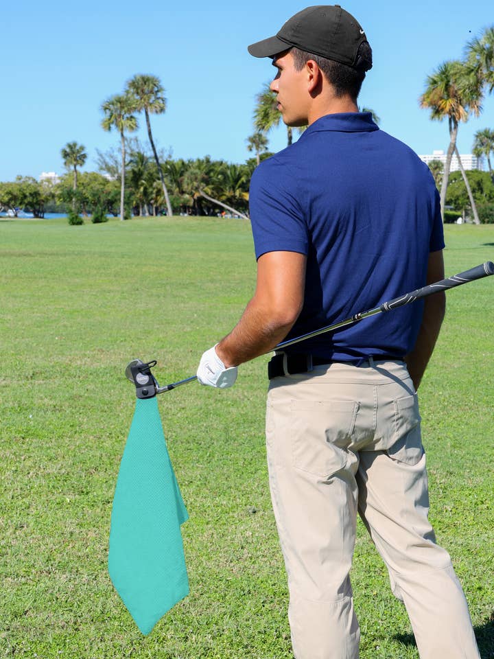 Magnetic Microfiber Golf Towel with Clip - Aqua for wholesale by Playing It Forward