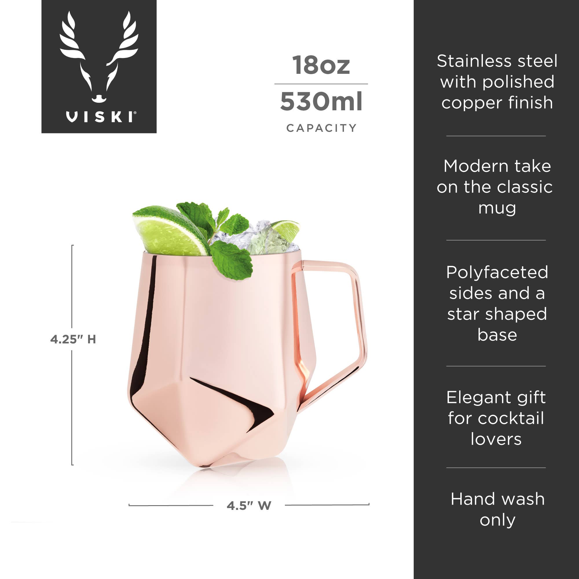Viski - Wholesale Cocktail/Liquor Glass - Seneca™ Faceted Copper Plated Moscow Mule Mug6