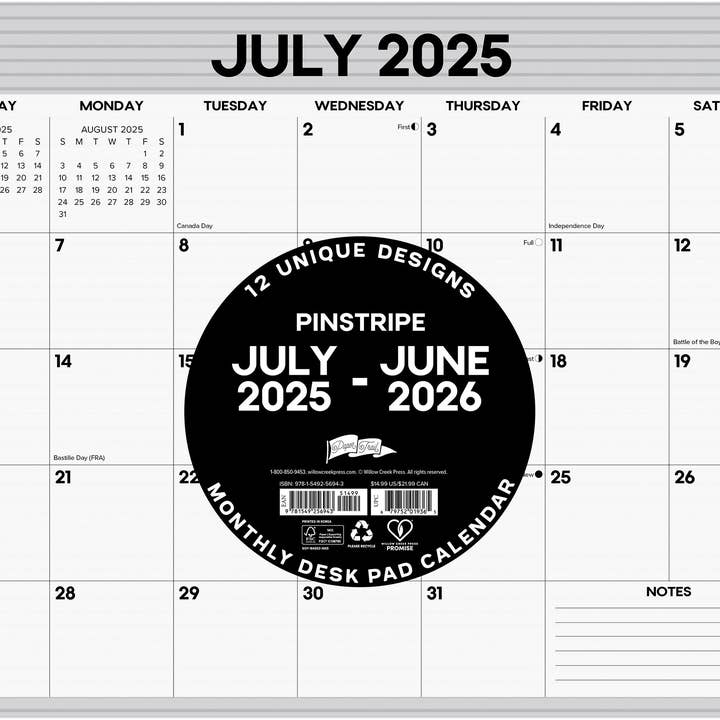 Willow Creek Press & Gifts - Wholesale Calendar - Pinstripe Academic July 2025 - June 2026 17" x 12" Small Monthly Desk Pad