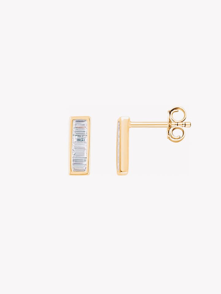 Boucles d'oreilles barre baguette diamant | Or 14K pour la vente par Janna Conner
