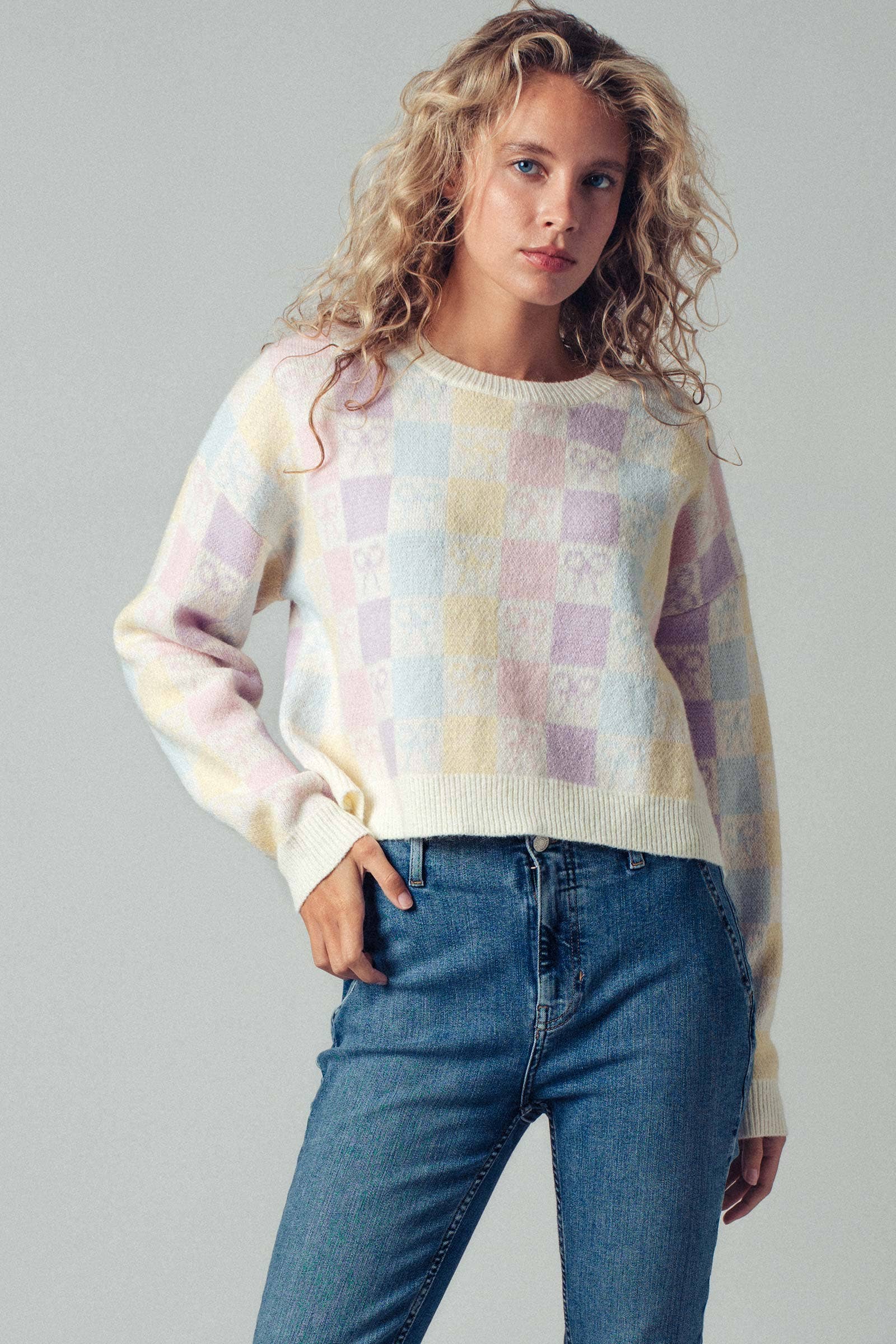 Pastel Checkered Coquette Bow Knit Sweater for wholesale on Faire7