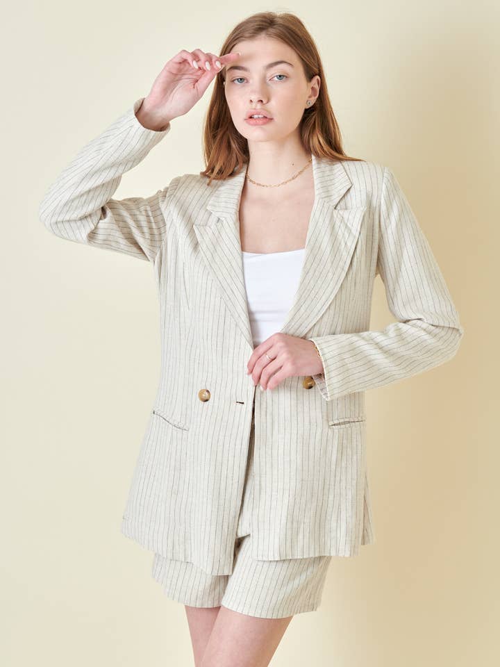 NEUTRAL CHIC PREPPY BUSINESS STRIPED LINEN BLAZER-OI5338 for wholesale by Fore Collection
