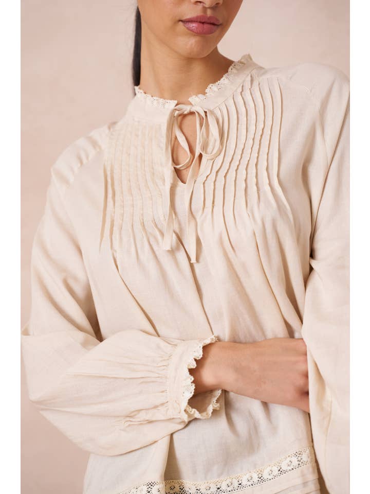 Attentif Paris - Vente Chemisier – femme - Blouse contenant du lin avec col volanté et noeud8