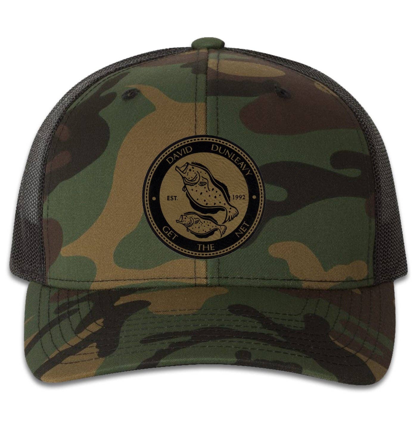 Flounder Deco 6 Panel Trucker Snap Back Camo Green Black Hat for wholesale on Faire