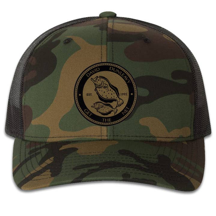Flounder Deco 6 Panel Trucker Snap Back Camo Green Black Hat for wholesale on Faire0