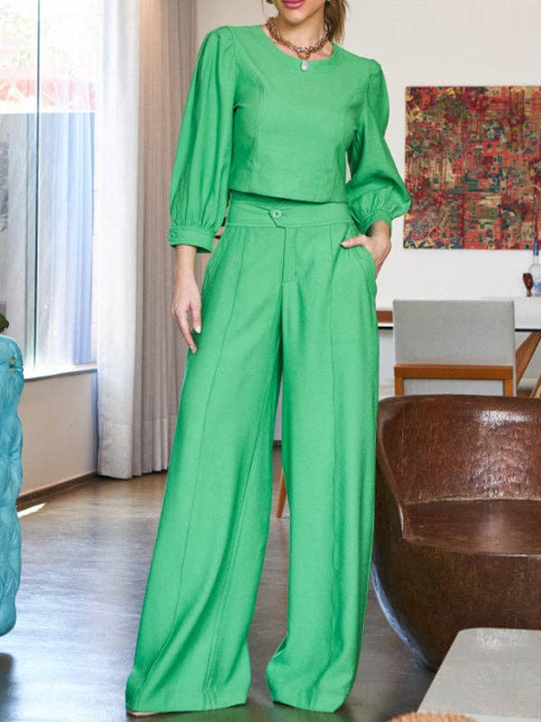 ShieldChic - Wholesale Top & Pant Set (NOT Loungewear) - Women's - Solid Color Puff Sleeves T-Shirts High-Waisted  Wide Leg Pants Suits1