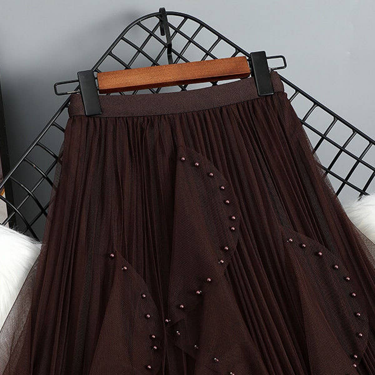 ACCITY - Wholesale Skirt - Women's - BEADED MESH PLEATED SKIRT A LINE TULLE SKIRT_CWBLS039813