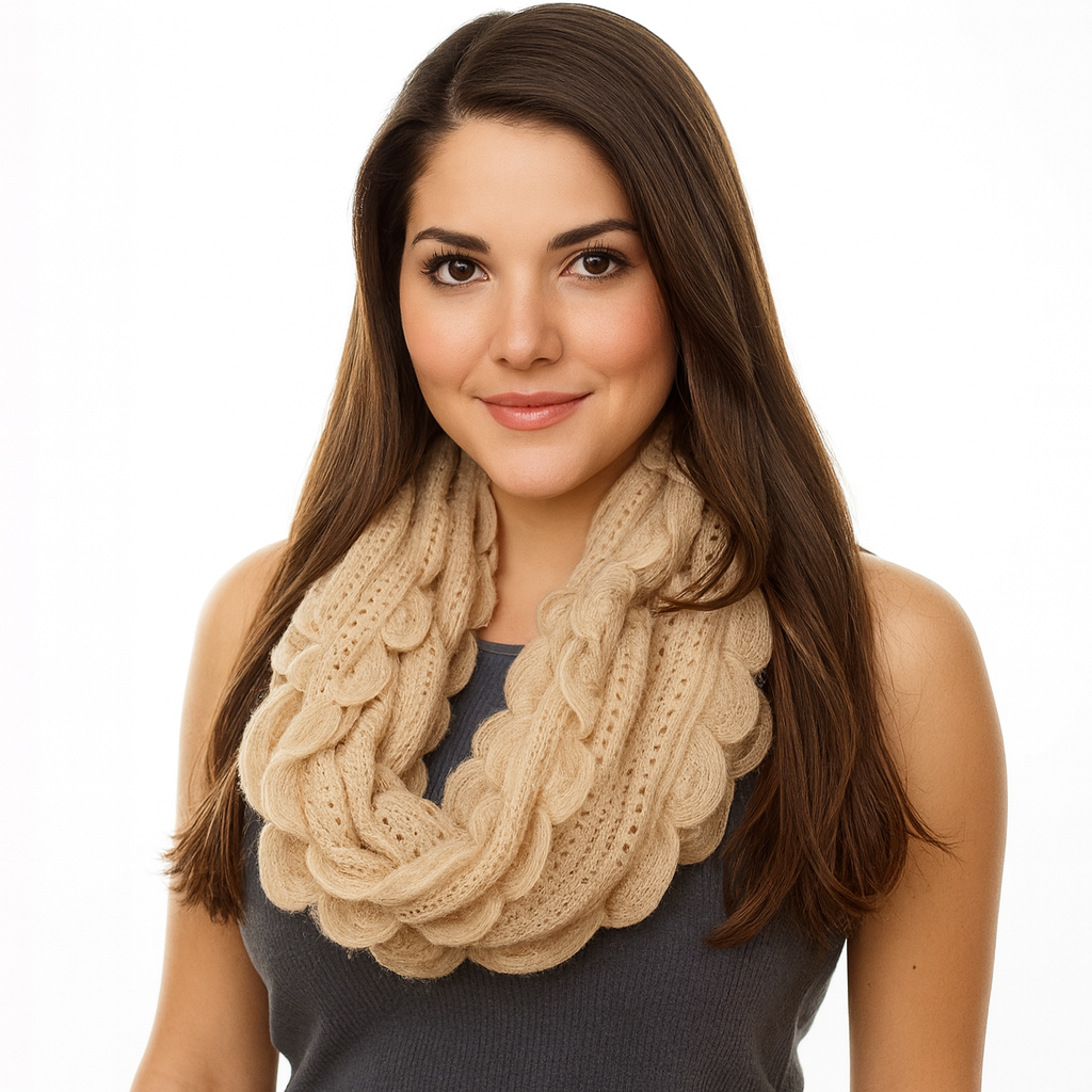 Fennco Styles - Wholesale Scarf - Women's - Oatmeal Oversized Scalloped Ruffle Knit Infinity Scarf 1