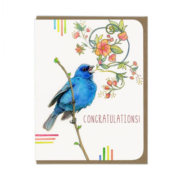 Amy Rose Moore Illustration - Wholesale Congratulations Card - Congratulations - Indigo Bunting Bird - Greeting Card
