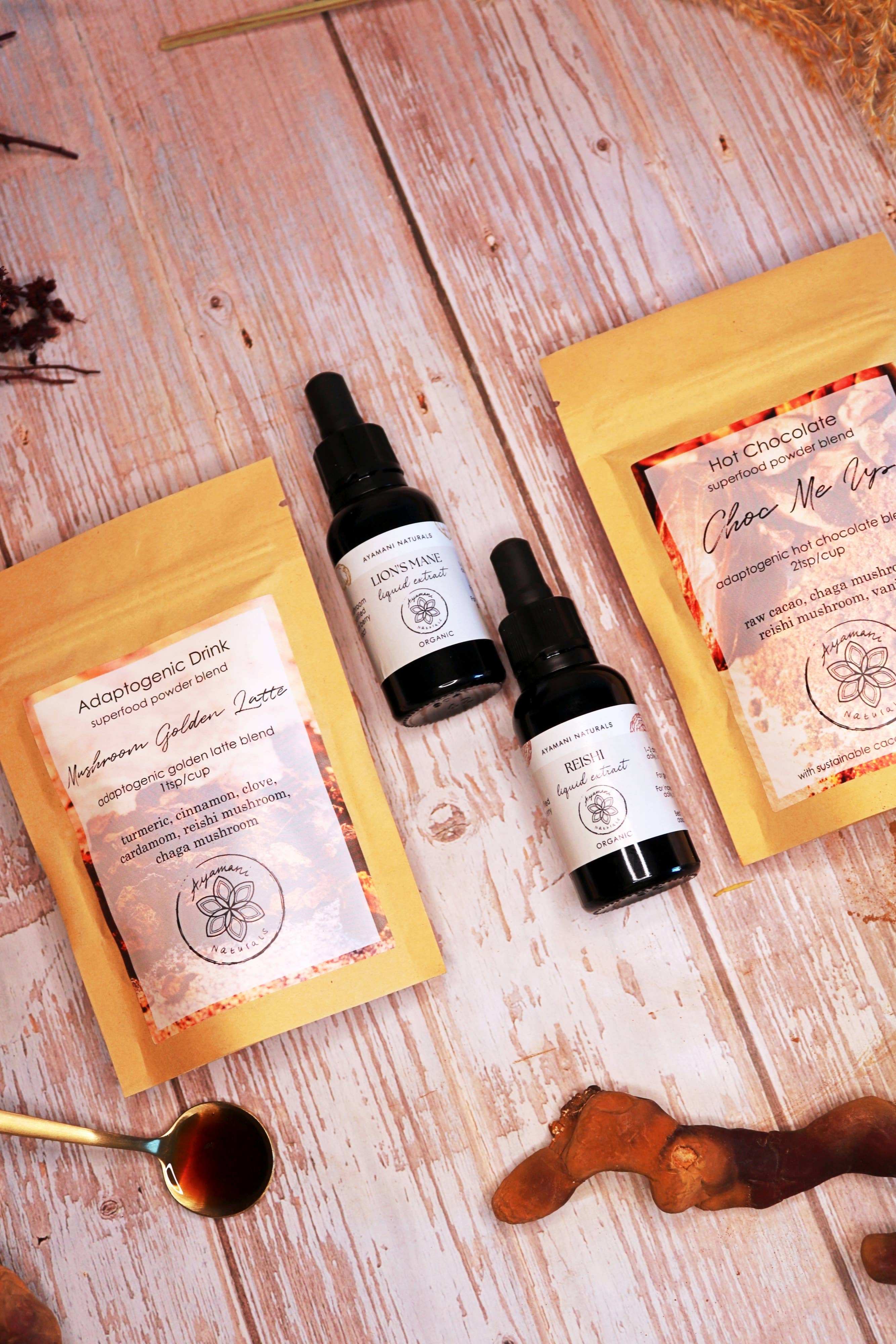 Ayamani Naturals - Wholesale Tincture - MUSHROOM RITUALS BOX | liquid extracts, cacao & golden latte1