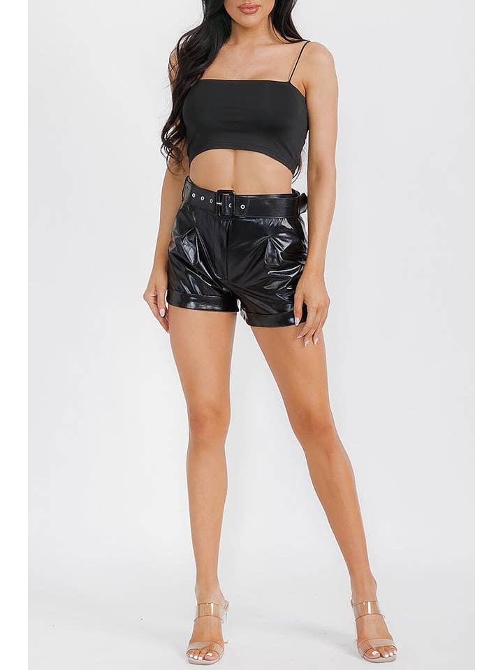 ROUSSEAU - Wholesale Shorts - Women's - BUTTON CLOSURE BELTED FRONT POCKETS METALLIC SHORT2