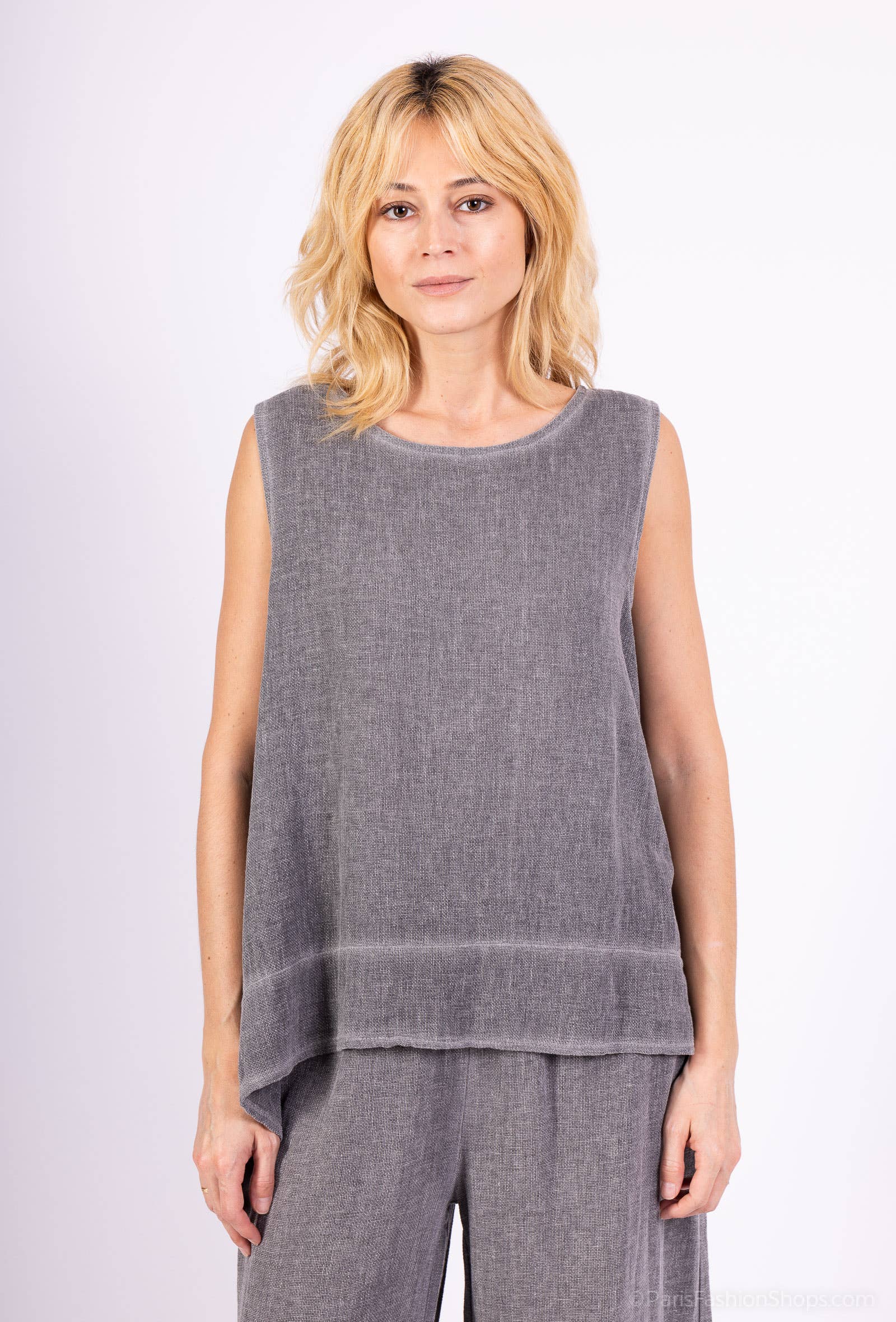 Shyloh – Blusa - Mulher por atacado – Top largo sem mangas em linho e algodão 15818