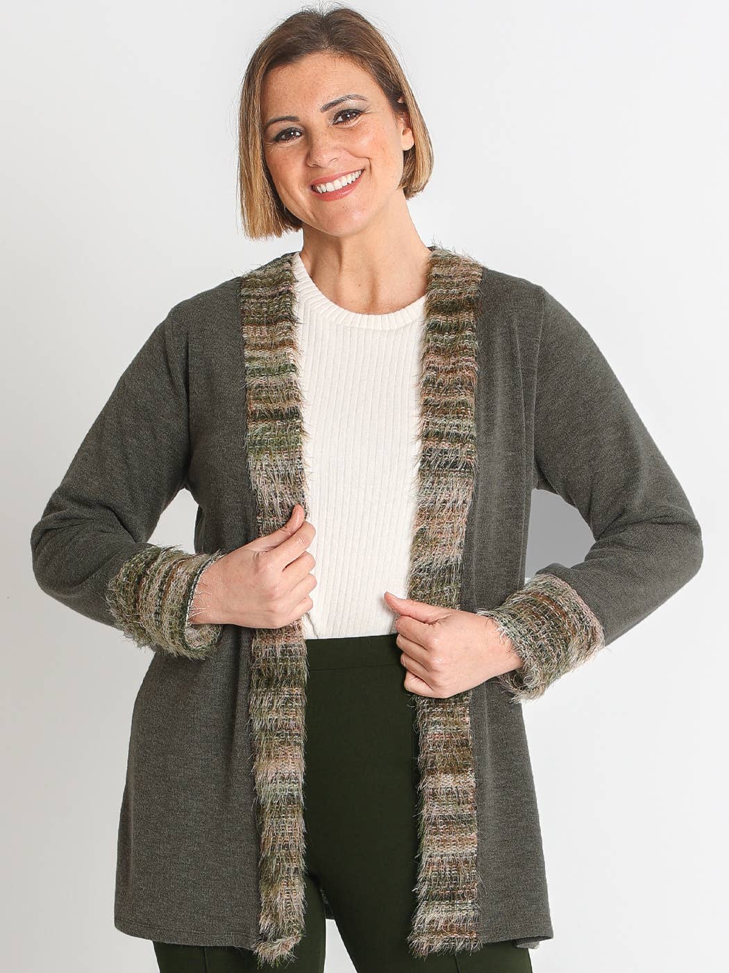 KHAKI 372180L KNIT COAT WITH FRONT JACQUARD FUR PIECES for wholesale on Faire0