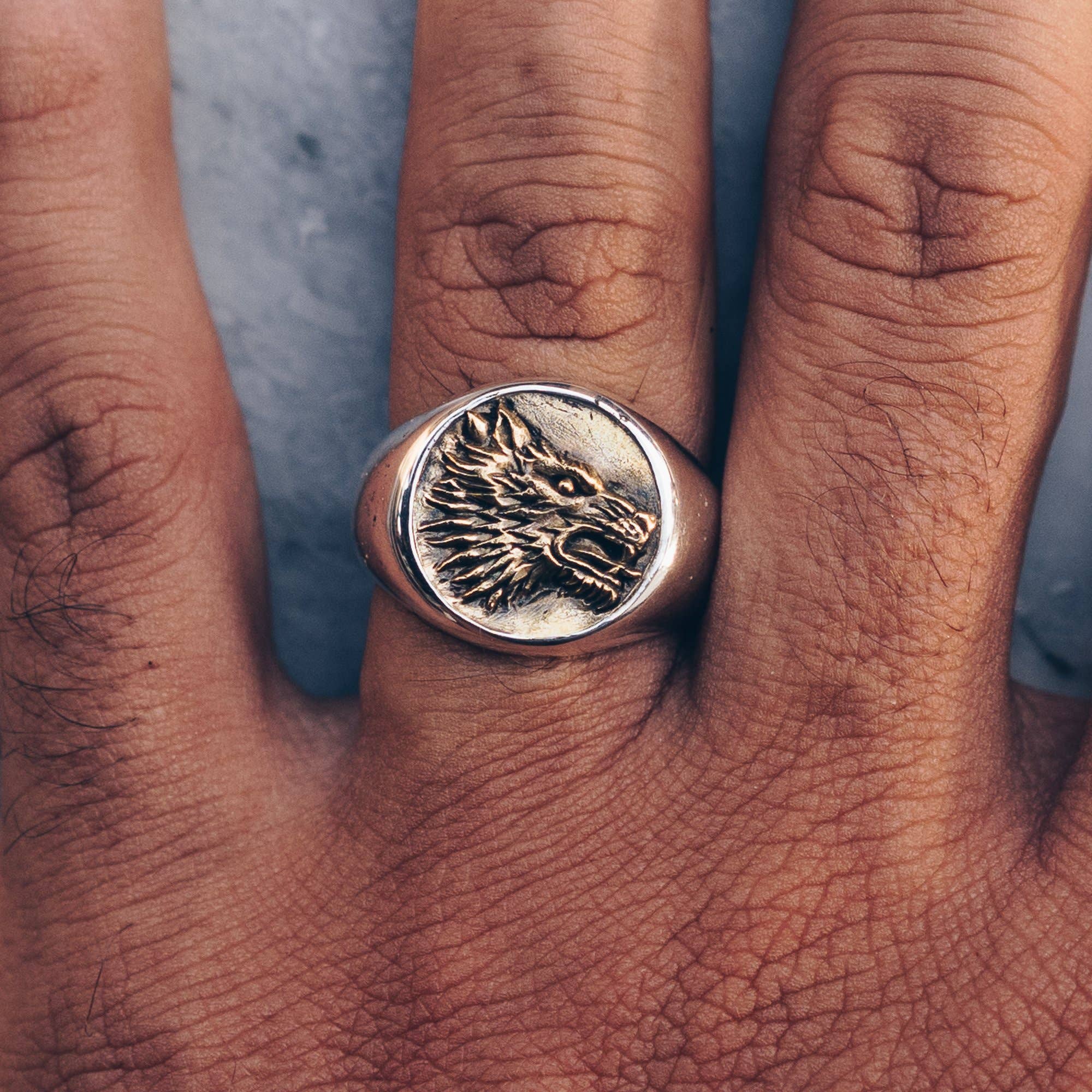 JewelryLab - Wholesale Signet Ring - Wolf Ring - 925 Sterling Silver with brass Emblem13