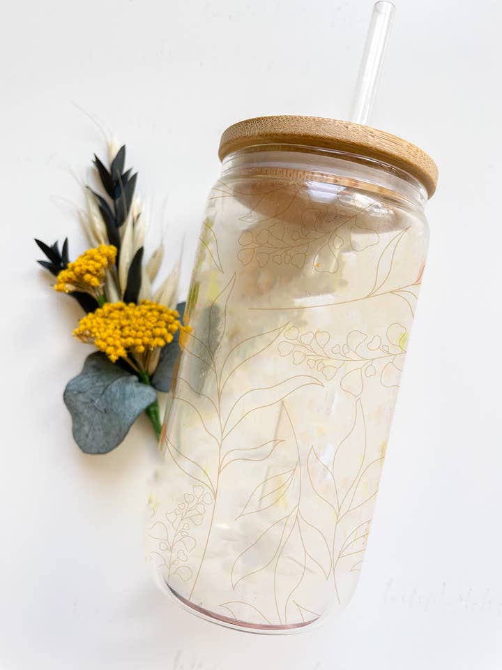 Gold Line Leaves Glass Can with Bamboo Lid & Straw for wholesale by Wilderness Grace