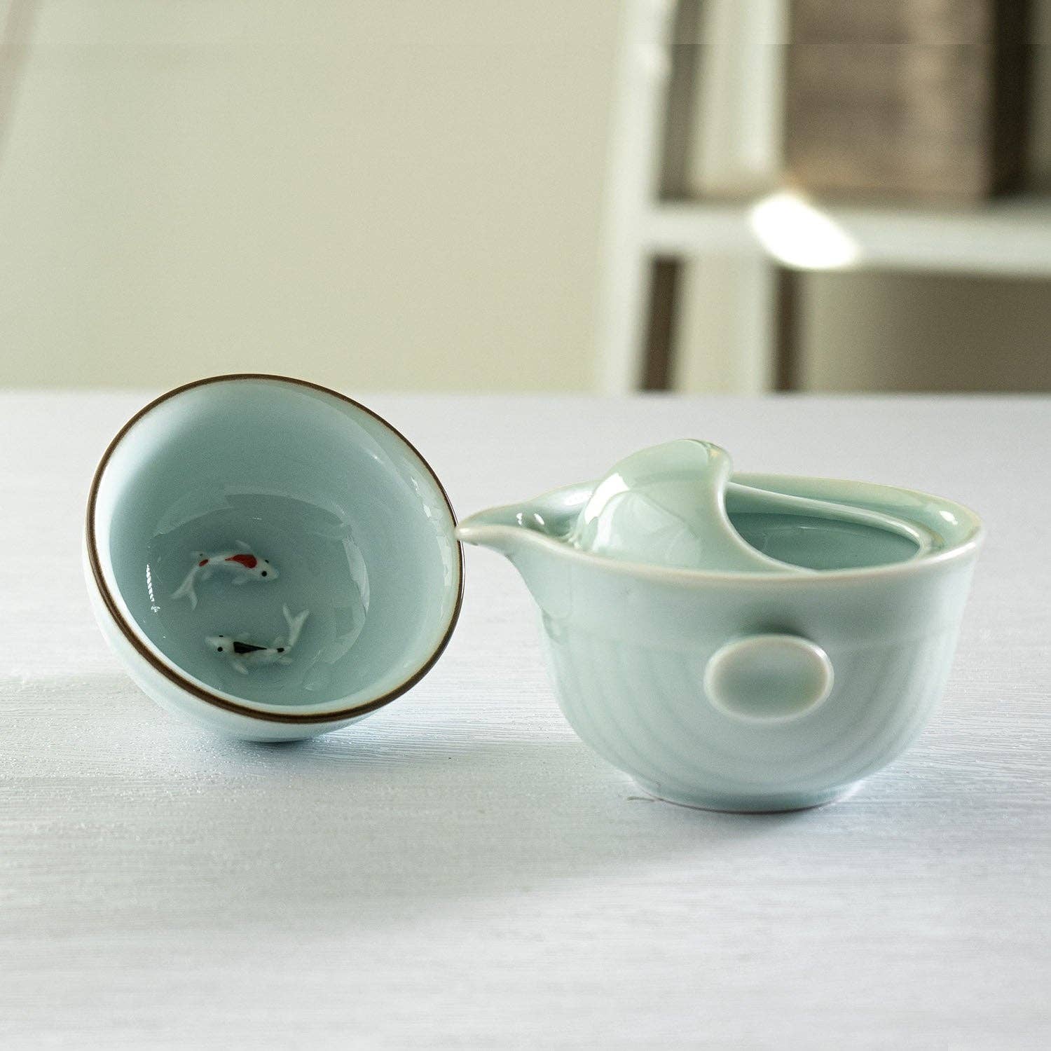 Urban Tokyo - Wholesale Tea Pot - Koi Fish Kung Fu Tea Set 6oz Tea Pot with A Cup Light Blue (1/80)3