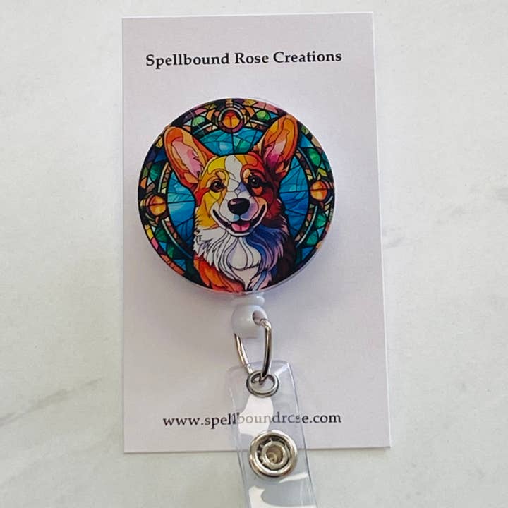 Faux Stained Glass Pembroke Welsh Corgi Badge Reel for wholesale by Spellbound Rose Creations