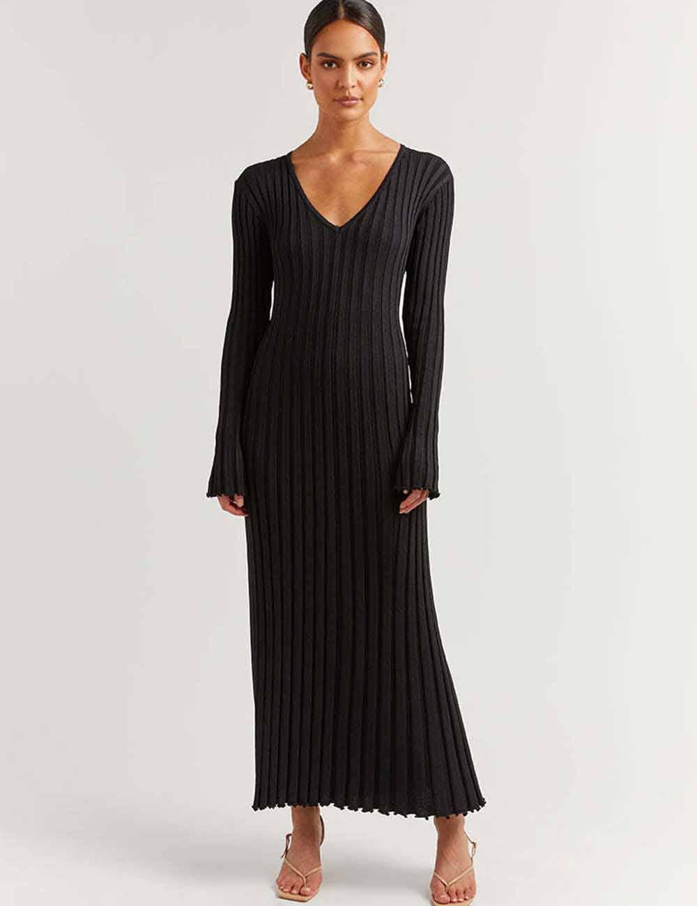 Sweetkama - Venta al por mayor Vestido - Mujer - Vestido de punto largo para mujer Sweetkama con escote en V y dobladillo ancho3