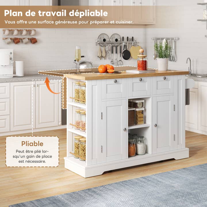 Urban Meuble - Wholesale Kitchen Storage/Organizer - White kitchen island with wood effect, extendable top, storage, and USB ports AMYLOPECT16