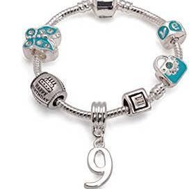Blaues „Happy 9th Birthday“ Armband für Kinder, versilbert für den Großhandel von Liberty Charms