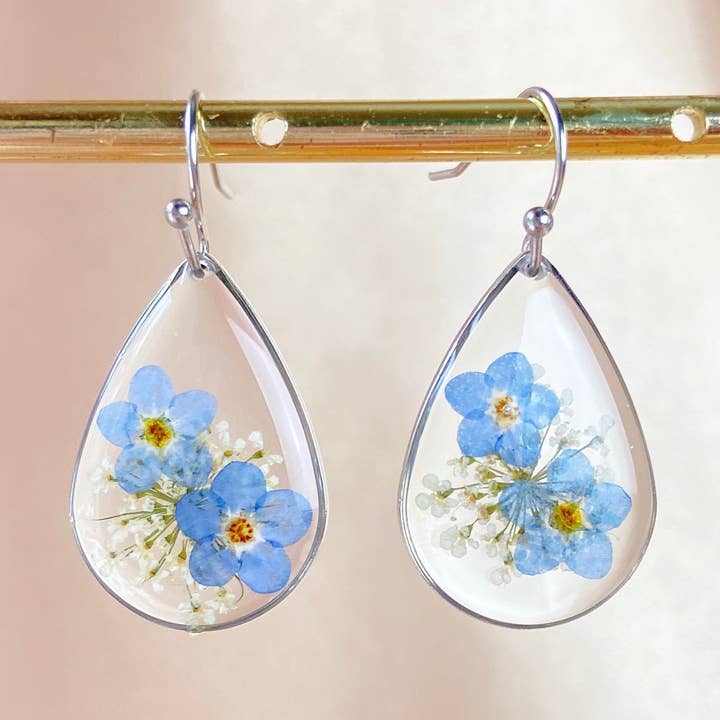 Real Forget Me Not Handmade Resin Teardrop Earrings for wholesale by Daisy Moon by Hillerland