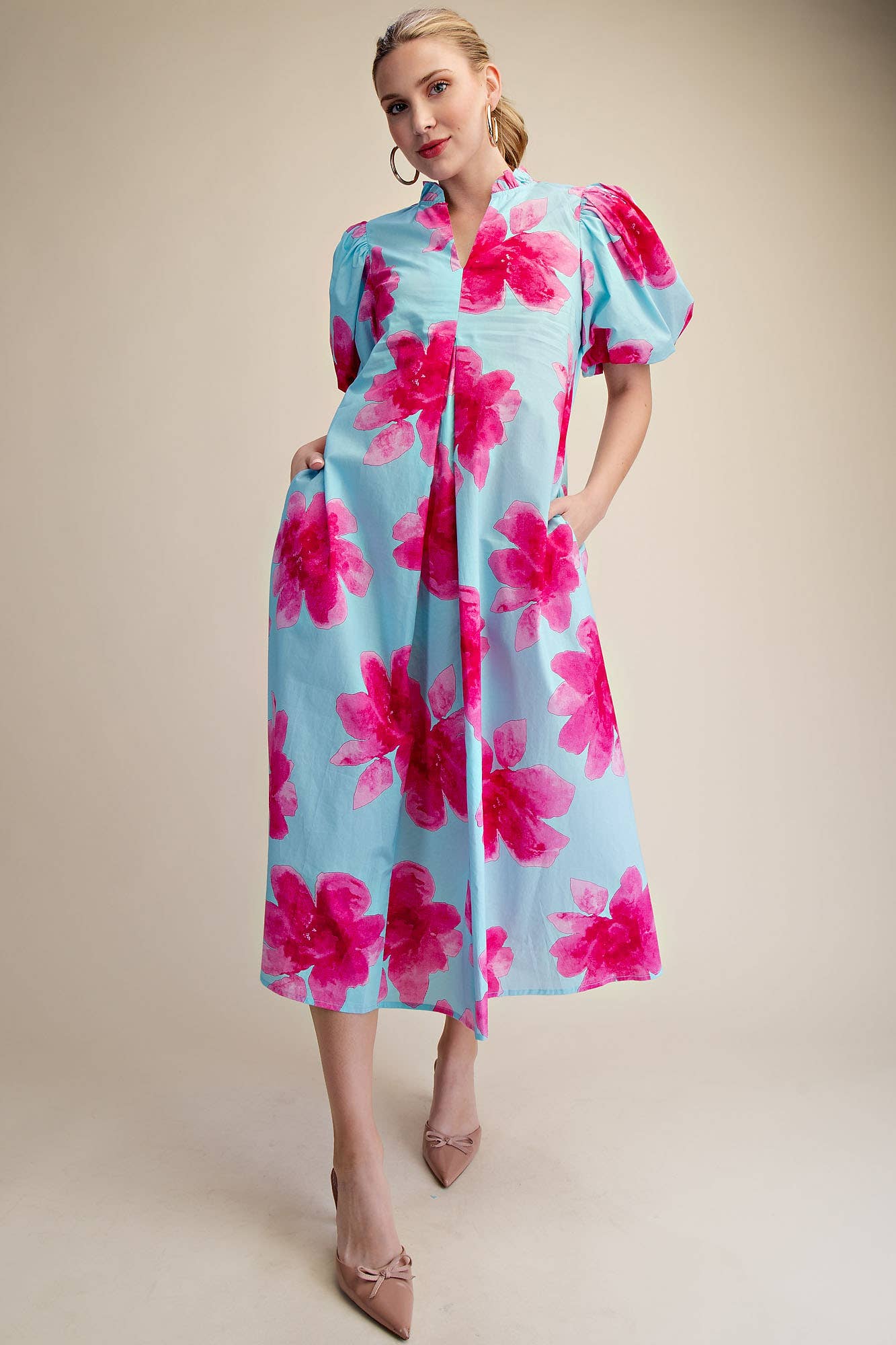 Glam - Wholesale Dress - Women's - Ruffle V-Neck Puff Sleeve Waist Pleated Midi Dress11