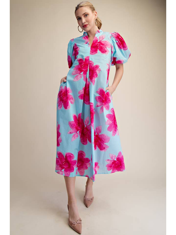 Glam - Wholesale Dress - Women's - Ruffle V-Neck Puff Sleeve Waist Pleated Midi Dress11