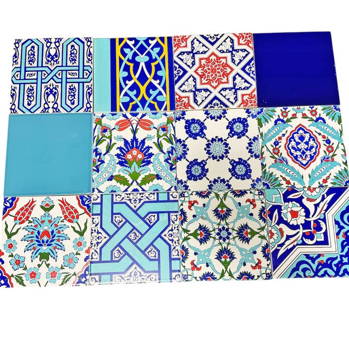 Iznik Ceramic Tiles 8x8 Set Of 12 Assorted Designs for wholesale by Natto USA