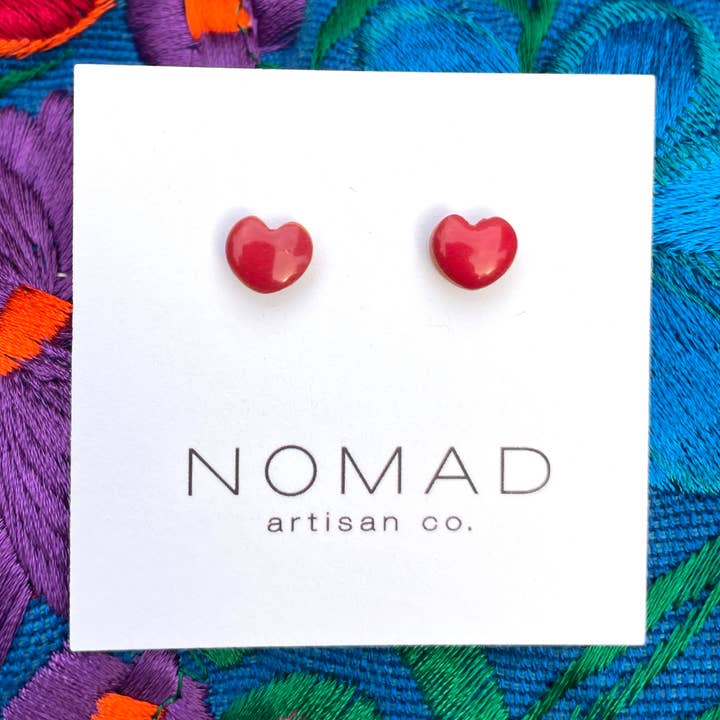 Mini Candy Heart Red Ceramic Post Earrings for wholesale by Nomad Artisan Company