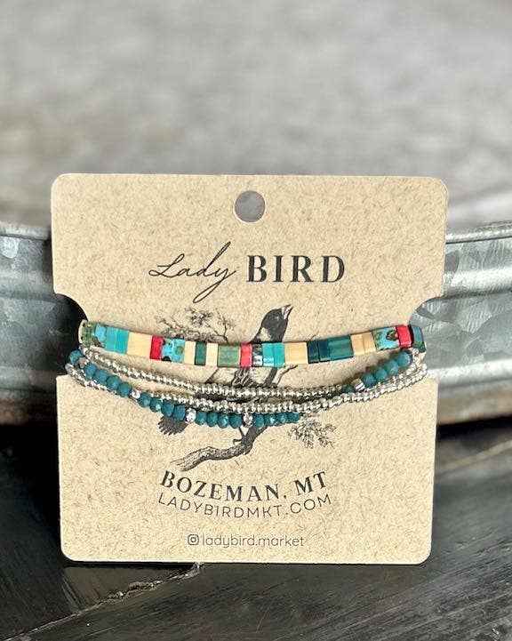 Lady Bird Market - Wholesale Jewelry Set - Classic Combo & Teal Stretchy Tila Bead Bracelet1