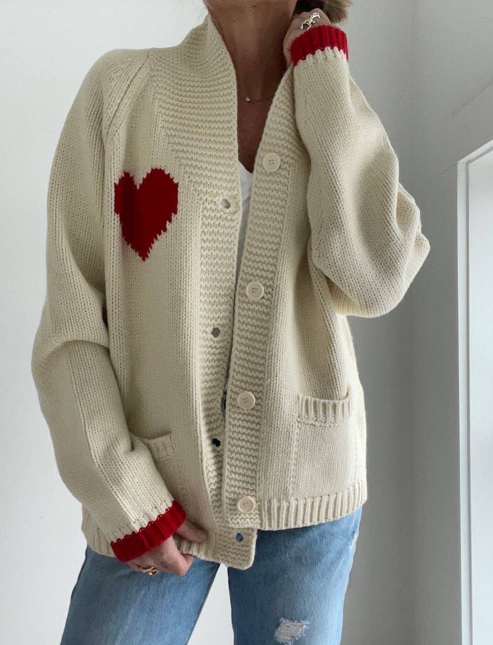 Pink Pineapple - Wholesale Cardigan - Women's - Varsity Chunky Heart Cardigan in Ivory/Red