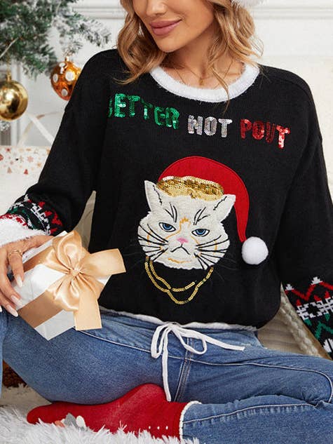 Cute Cat Christmas Sweater Women Black Knit Pullover for wholesale by Suhkasana