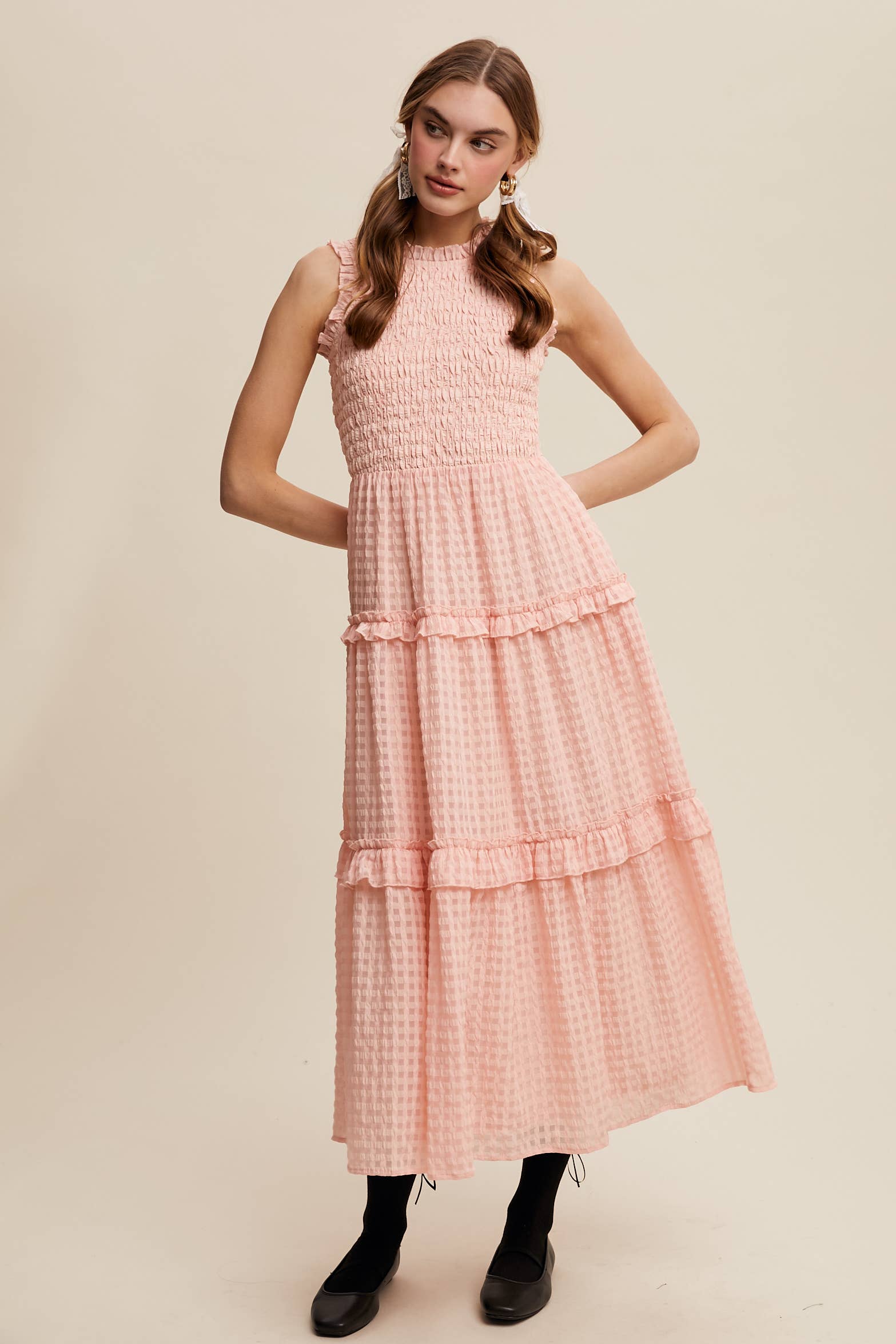 Listicle – wholesale Dress – Women's – Sleeveless Gingham Maxi Dress with Ruffle Details1